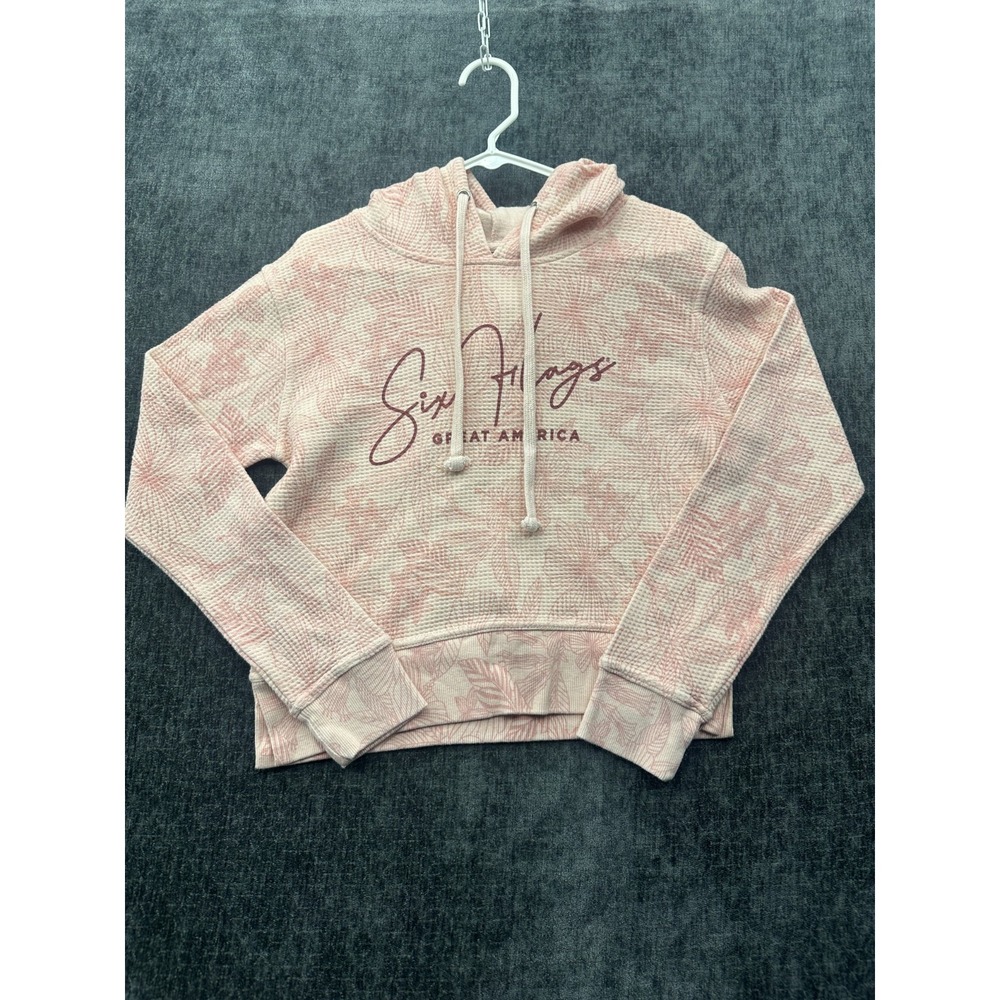 Six Flags Great America Cropped Hoodie Womens Small‎ Blush Floral Knit Thermal